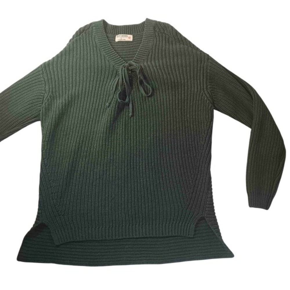 Ruff Hewn Ribbed Knit Sweater Women's L Green Tie Neck Cozy Academia‎ Fisherman